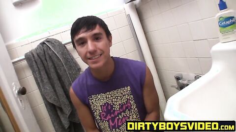 Hunky latino twink Nick strokes it in the bathroom solo