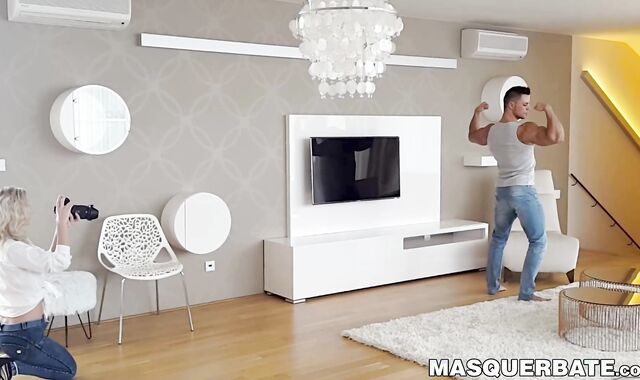 Masked hunk receives blowjob and bangs sexy chick  from behind