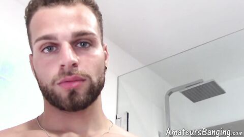 Bearded muscular jock uses fleshlight on his small dick solo