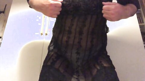 Wanking in my girl's stockings, girdle and see-through top