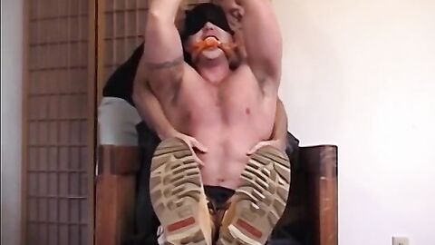 Cute muscular Randy with big dick gets feet tickled hard