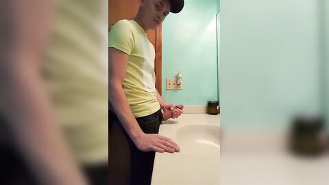 straight hunk with fat dick jerks off in bathroom