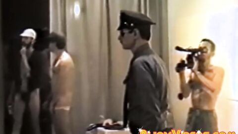 Vintage policeman catches group of guys orgy banging