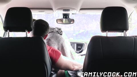 Muscular daddy bare fucking stepson in the back seat