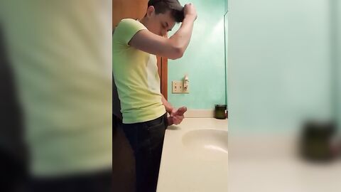 straight hunk with fat dick jerks off in bathroom