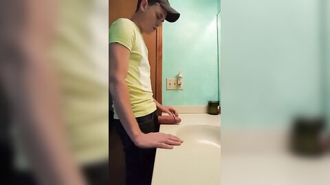 straight hunk with fat dick jerks off in bathroom