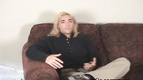 Classy stud with long blond hair working on his dick