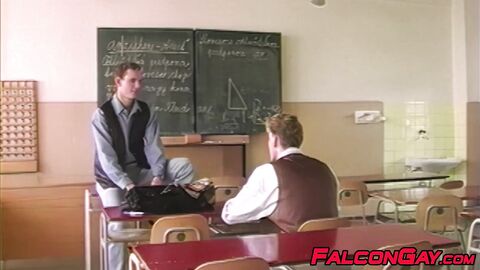 Instructor Milos' huge cock grabs by his student Hans for oral exam