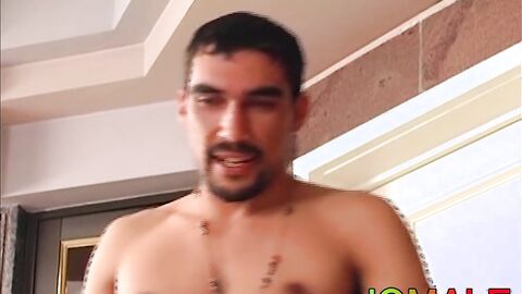 Bearded Latino masturbates while he is bare penetrated doggy