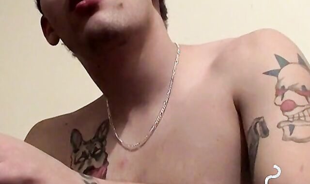 Tattooed chainsmoker teen stroke his hard huge cock