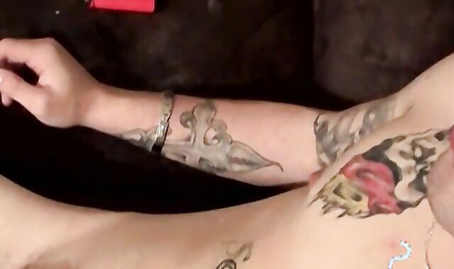Tattooed chainsmoker teen stroke his hard huge cock