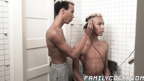 Black twink gets a haircut before jerk off session