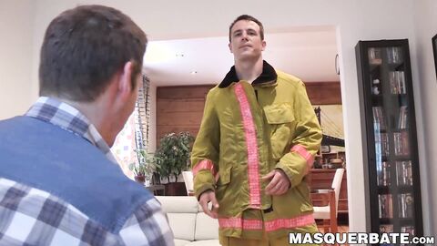 Hunky fireman slowly strips naked and wanks off his cock