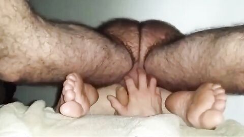 Hairy Daddy with hairy legs breeds boy from below