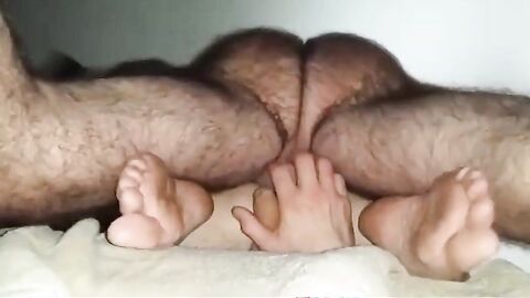 Hairy Daddy with hairy legs breeds boy from below