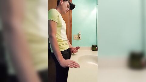 straight hunk with fat dick jerks off in bathroom