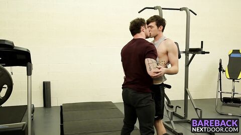 Tattooed hunk fucking this skinny dude in the ass at the gym