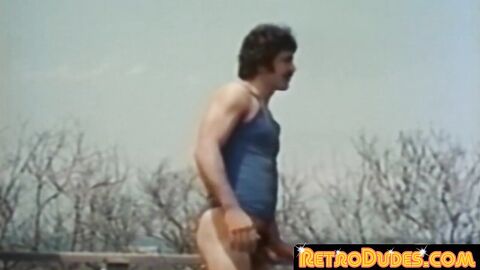 Retro jock playing anal and wanking alone on the terrace