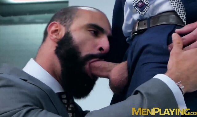 Classy hunk gives a sloppy blowjob and has his ass drilled