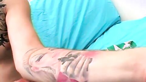 Amateur tattooed twink fingers his ass and masturbates solo