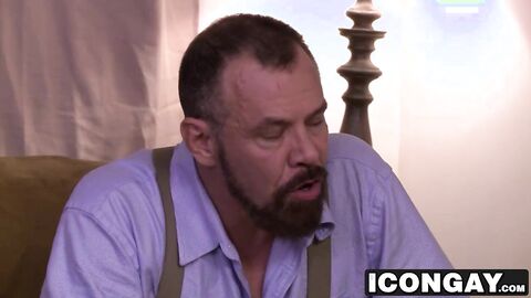 Bearded hunk dad shoving his big dick into twink ass