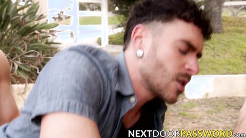 Two muscular studs sucking cocks and pounding raw outdoor