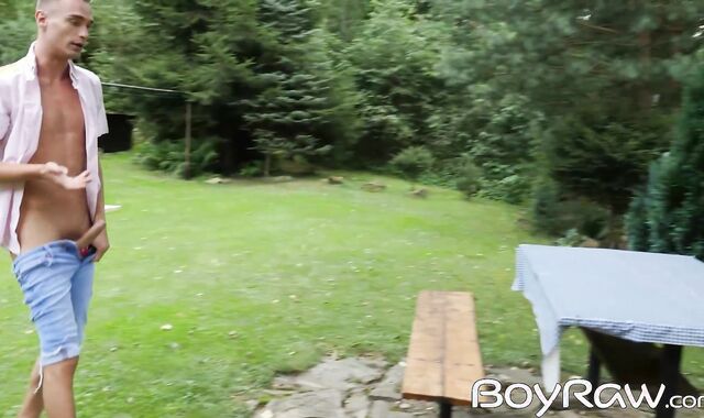 Slutty Nico Vegas jerks off Karl Stevens hard cock outdoor