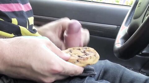 boy masturbates and squirts cum on biscuit cake