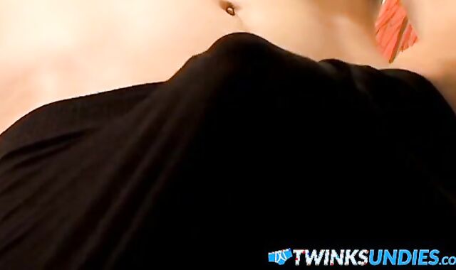 Skinny young twink jerks off his cock and cums in undies