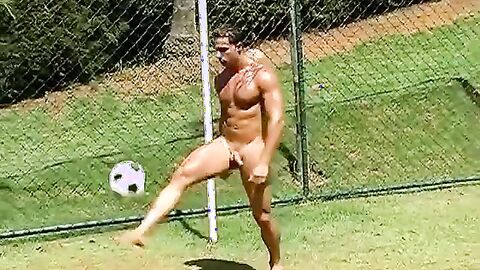 Unusual Brazilian muscle head jerks off on football field solo