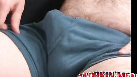 Beefy bear stroking hairy cock before cumshot solo