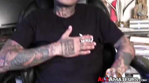 Inked goth dude shows off his firm body and masturbates solo