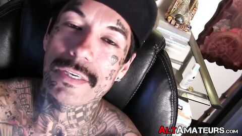 Inked goth dude shows off his firm body and masturbates solo