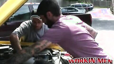 Hairy studs fix a car and end up rawfucking deep and hard