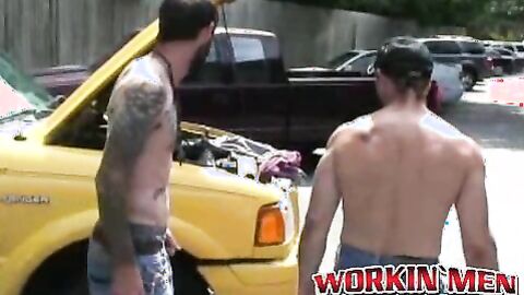 Hairy studs fix a car and end up rawfucking deep and hard