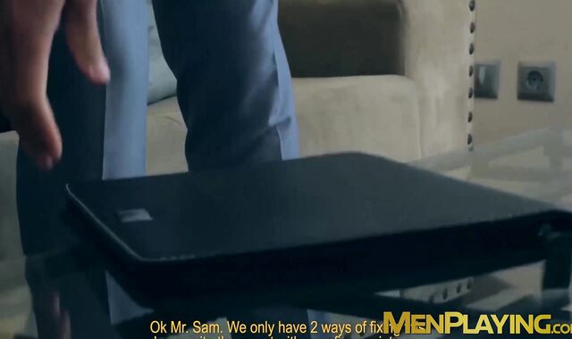 Cristian Sam and Dani Robles in suits analramming balls deep