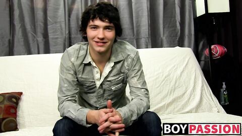 Interviewed cock guzzler plays with his big dick and cums