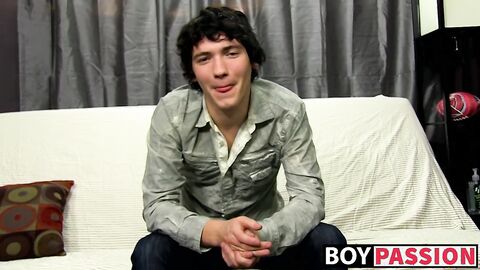 Interviewed cock guzzler plays with his big dick and cums