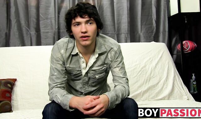 Interviewed cock guzzler plays with his big dick and cums