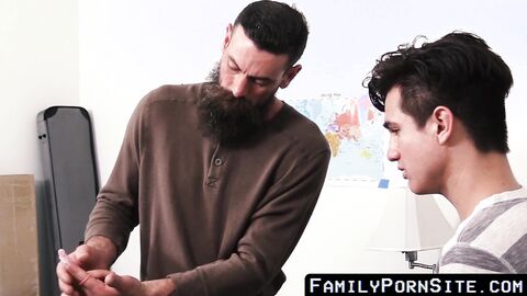 Huge facial hair daddy pushes his dick in stepsons tight ass