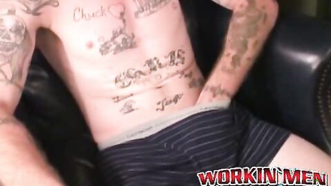 Rough stud masturbates solo and shoots cum all over himself