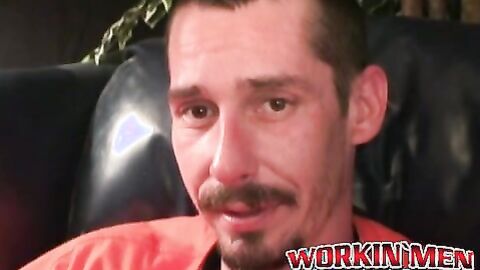 Rough stud smokes during an interview and masturbates solo