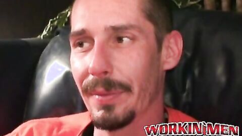 Rough stud smokes during an interview and masturbates solo