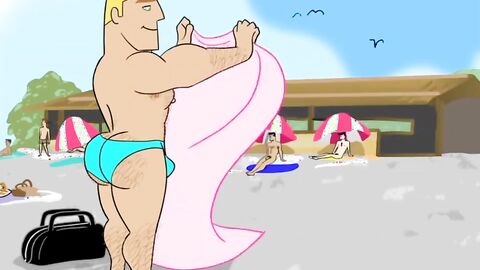 Gays on Nudist Beach in Cartoon Orgy