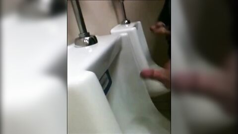 two slim dicks getting wanked at the urinals