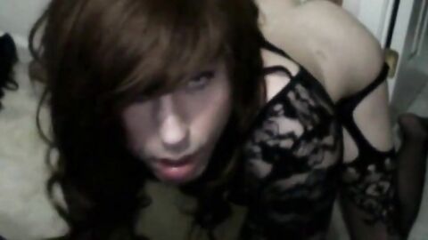 Big Dildo Bareback with a Skinny Crossdresser