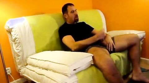 Big-Cock Daddy Strokes Alone in Orange Room