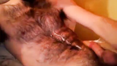 Hairy Stud Shoots Cum All Over Himself