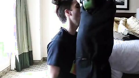 Big-cock amateur face fucks in hotel, cums in mouth.