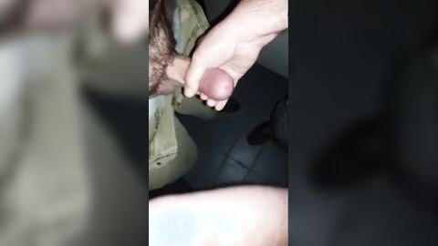 Mutual Jerk Off in a Sex Shop Video Booth: Big Cum Shot